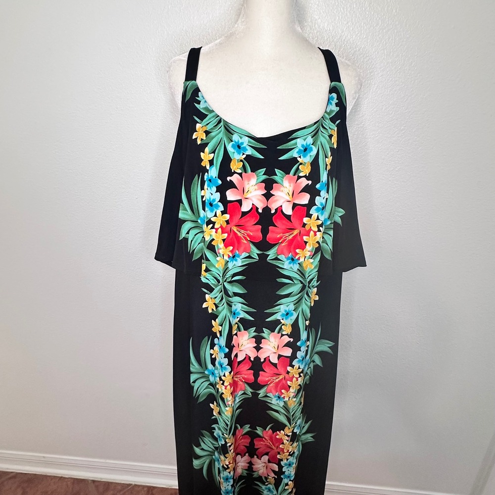 Tropical Resort Vacation Boho Floral Botanical Maxi Dress Women 1X Black